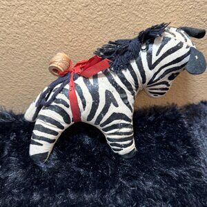Vintage Zebra  Oil Cloth Stuffed Zebra Pin Cushion  Red Ribbon & Thread Spool